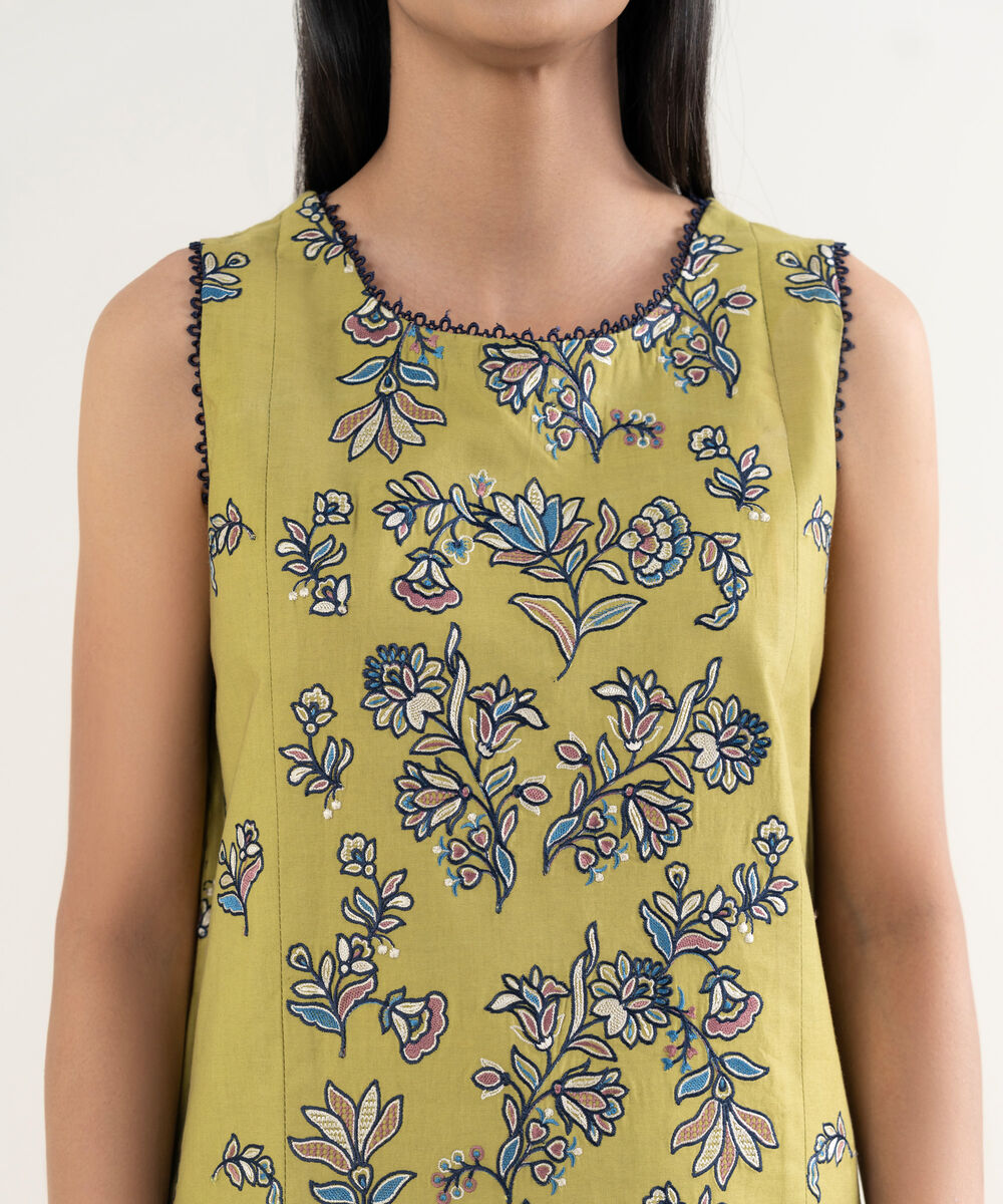 Women's Unstitched Embroidered Fine Cotton Satin Apple Green 3 Piece Suit