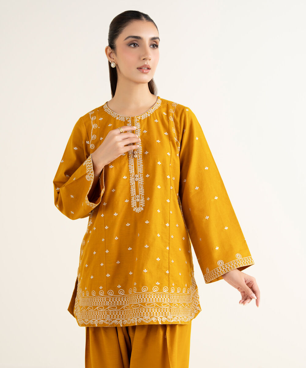 Women's RTW Khaddar Embroidered Mustard Straight Shirt