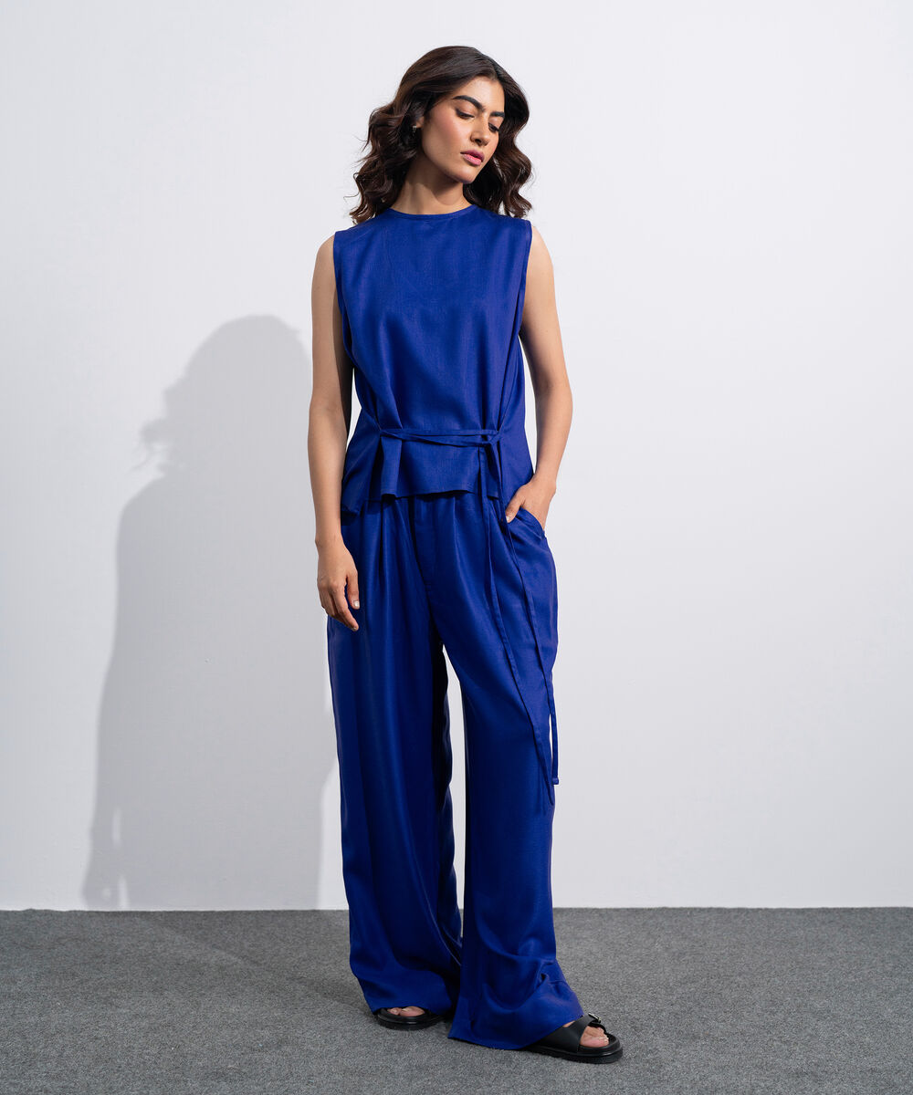 Women's Western Blue Linen Blend Stright-Fit Trousers