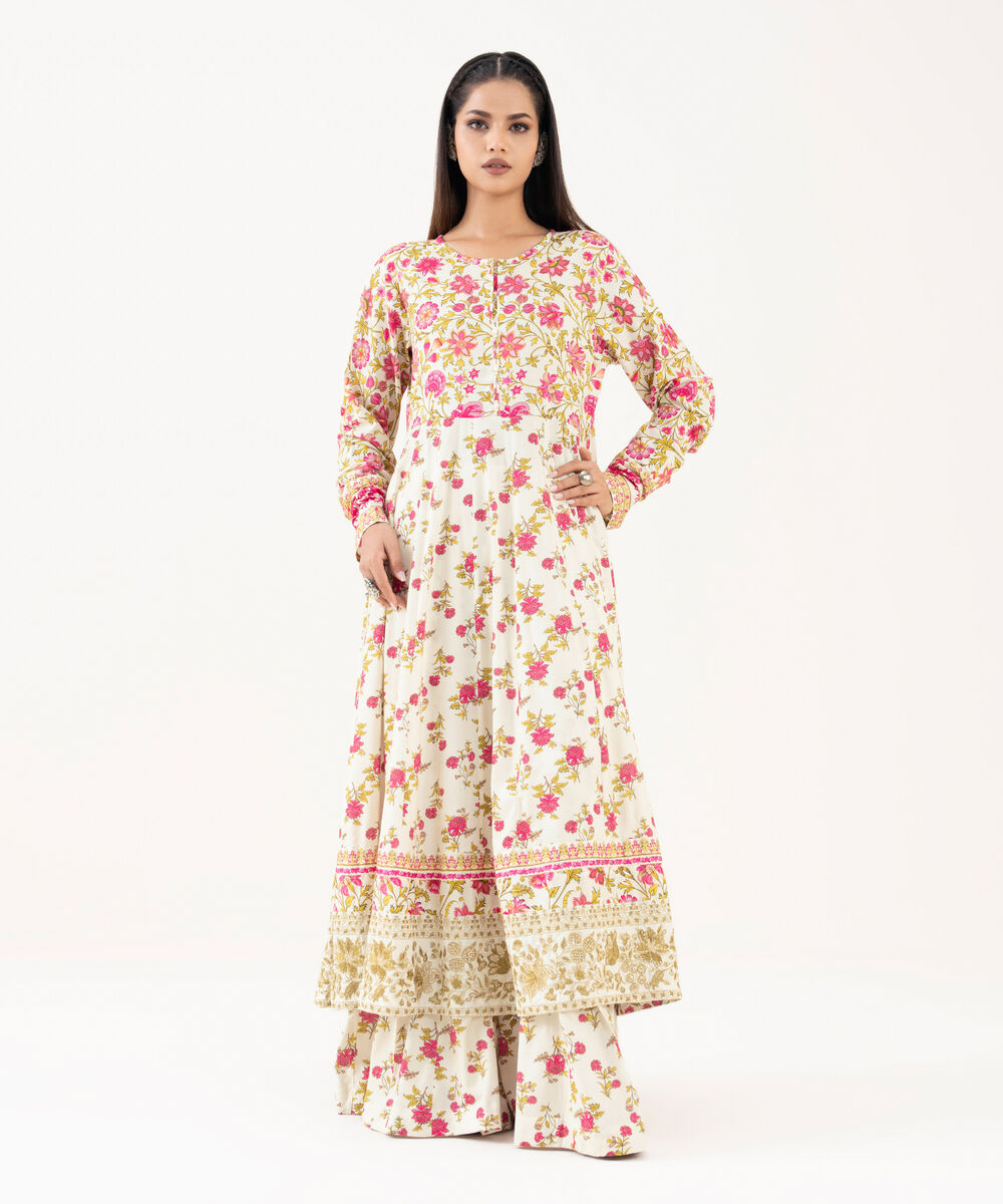 Women's RTW Lawn Viscose Off White Embroidered Pishwas