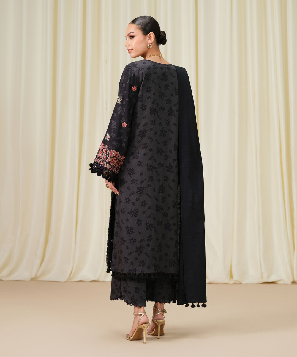 Women's Unstitched Embroidered Twill Grey and Black 3 Piece Suit