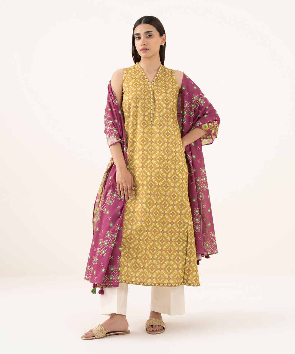 Women's Unstitched Lawn Printed Yellow 2 Piece Suit