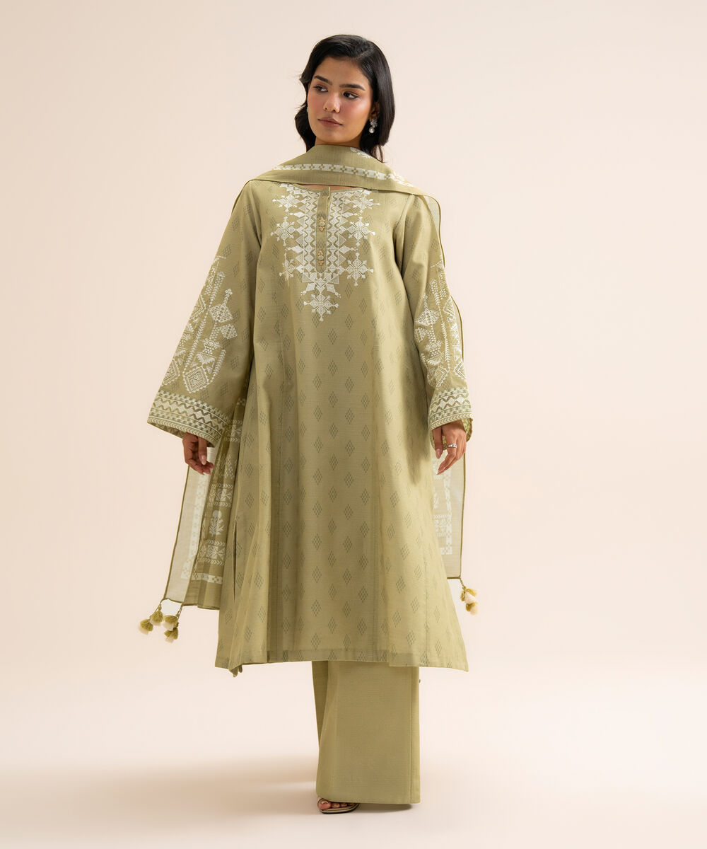 Women's Unstitched Light Khaddar Embroidered Green 3 Piece Suit