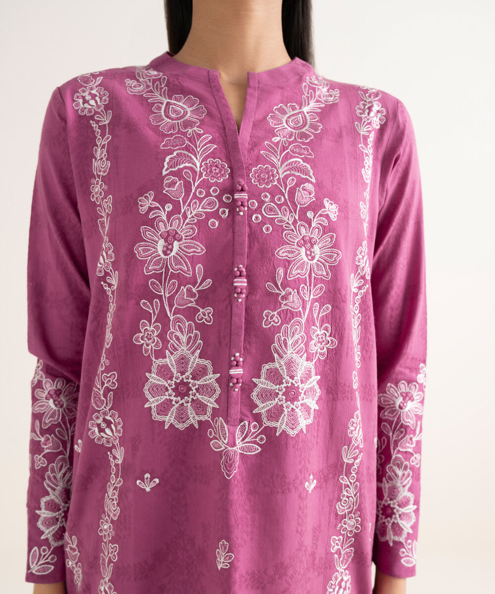 Women's Unstitched Cotton Jacquard Embroidered Magenta  3 Piece Suit
