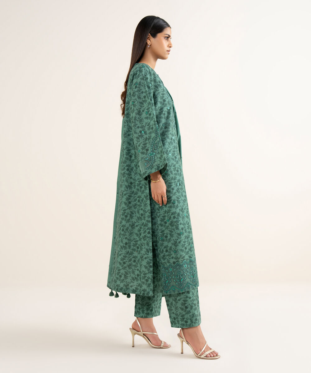 Women's Unstitched Khaddar Embroidered Green 3 Piece Suit