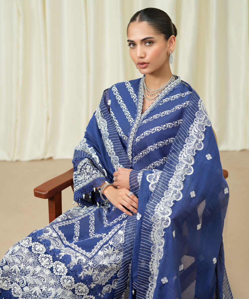 Women's Unstitched Muslin Embroidered Blue 3 Piece Suit
