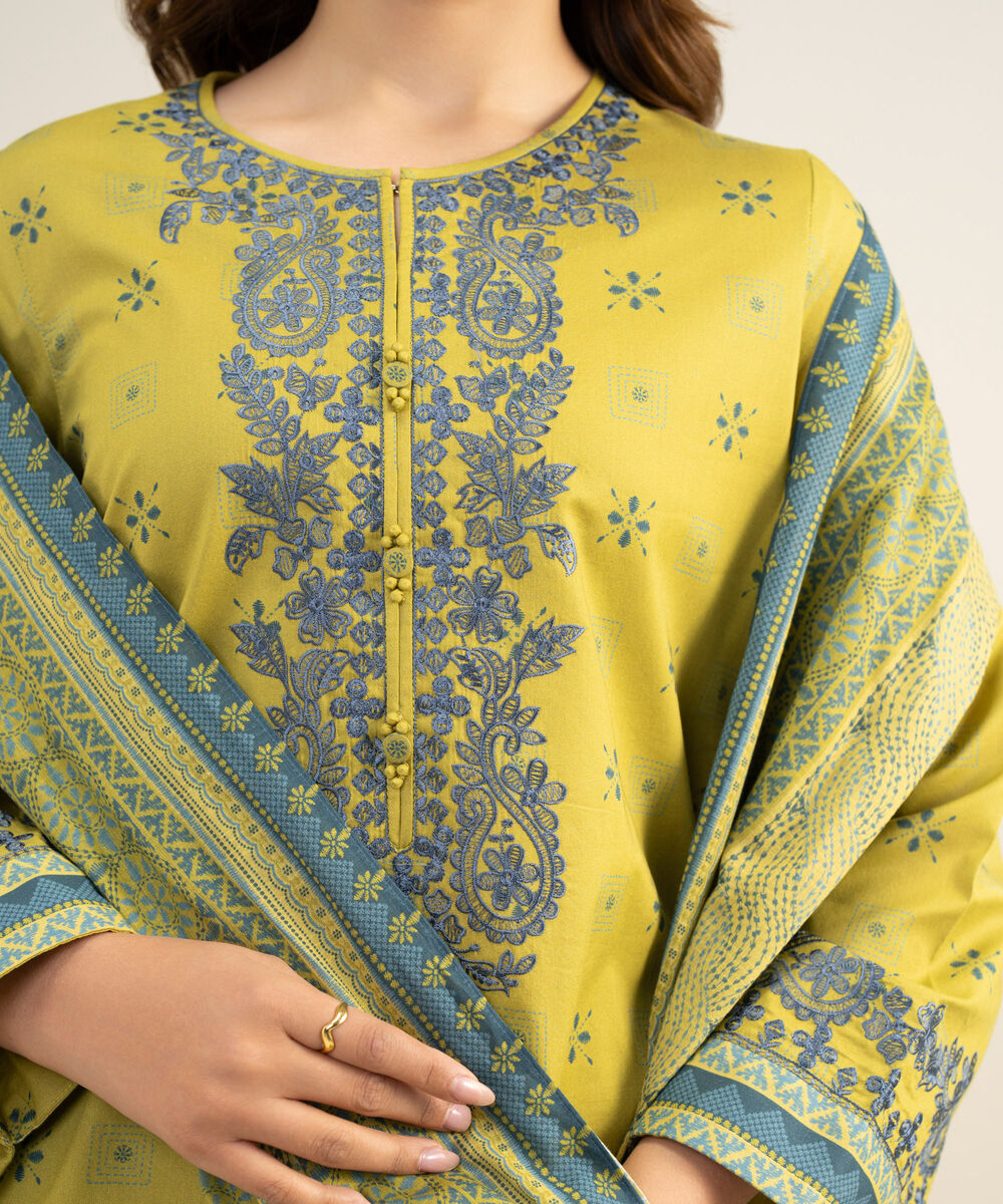 Women's Unstitched Lawn Embroidered Yellow 3 Piece Suit