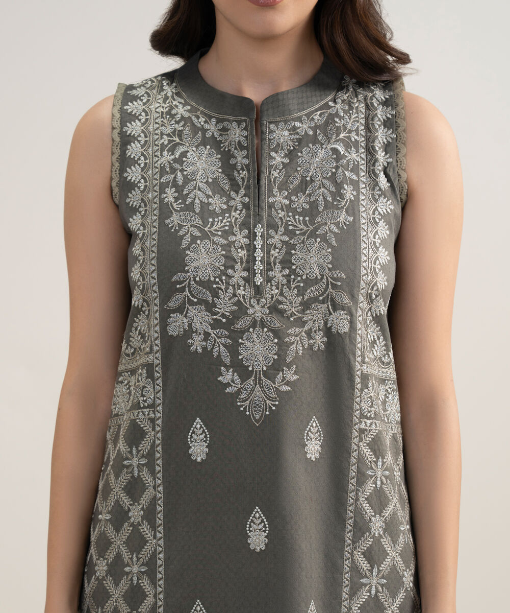 Women's Unstitched Dobby Embroidered Grey 3 Piece Suit
