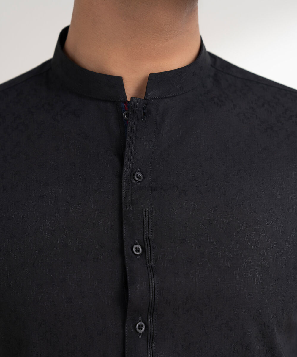 Men's Stitched Jacquard Black Kurta