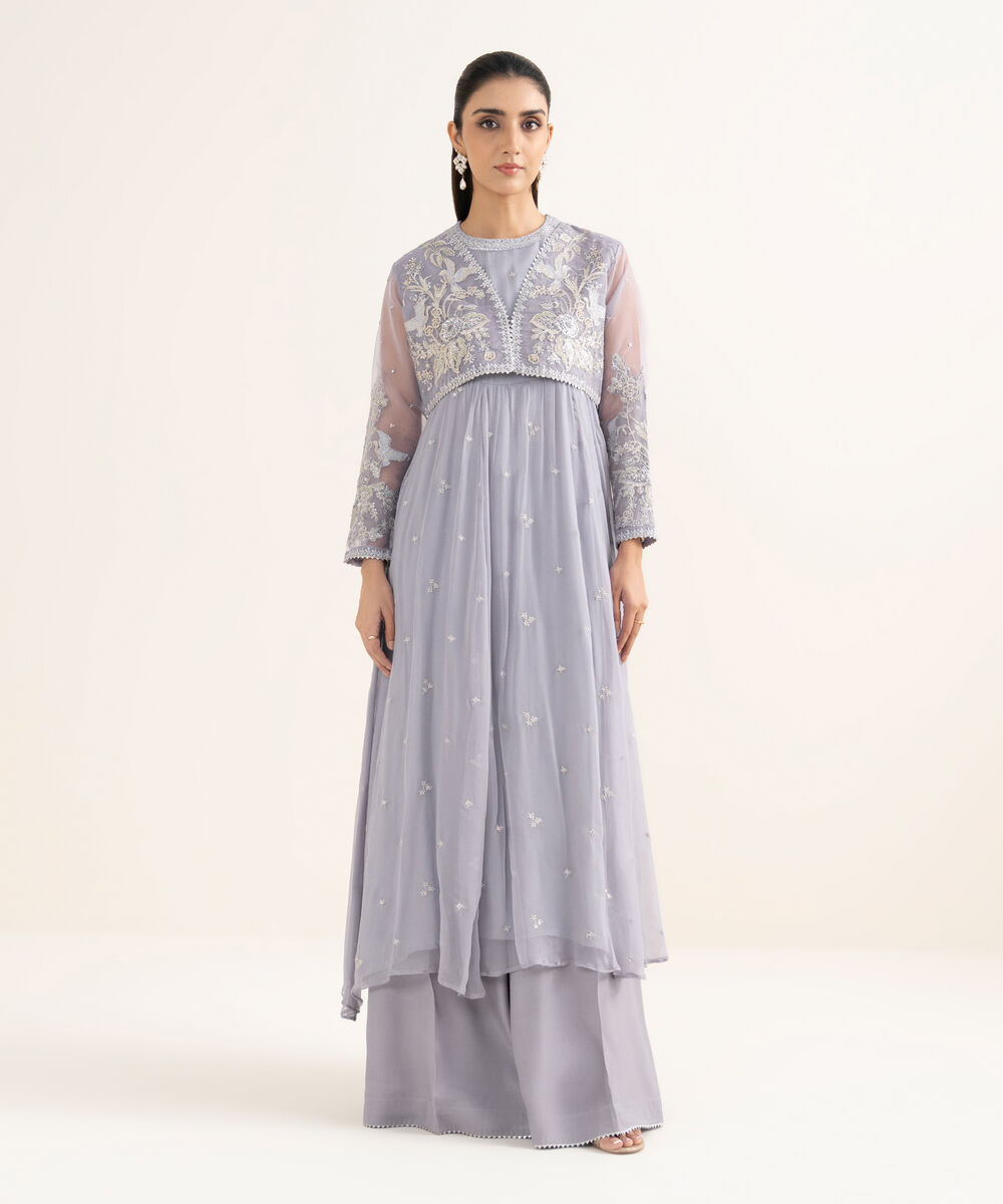 Women's RTW Bemberg Crinkle Chiffon Embroidered Blue 2 Piece Suit