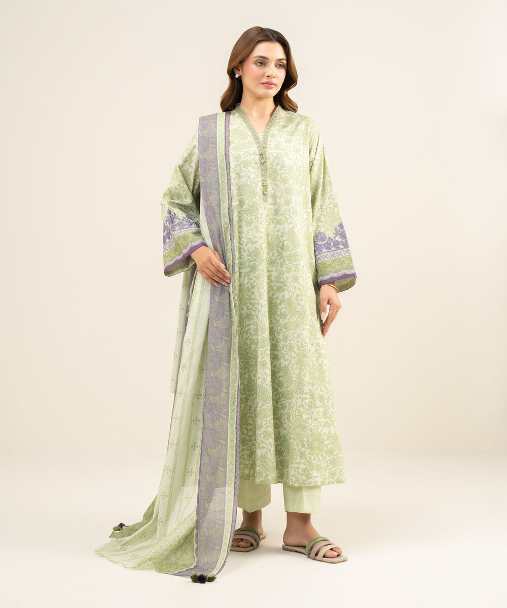 Women's Unstitched Lawn Embroidered Green 3 Piece Suit