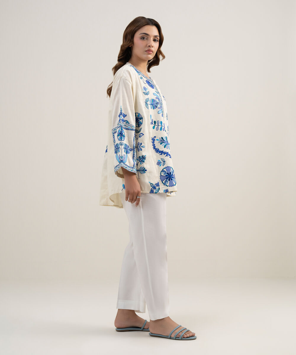Women's RTW Dobby Embroidered Off White Drop Shoulder Shirt