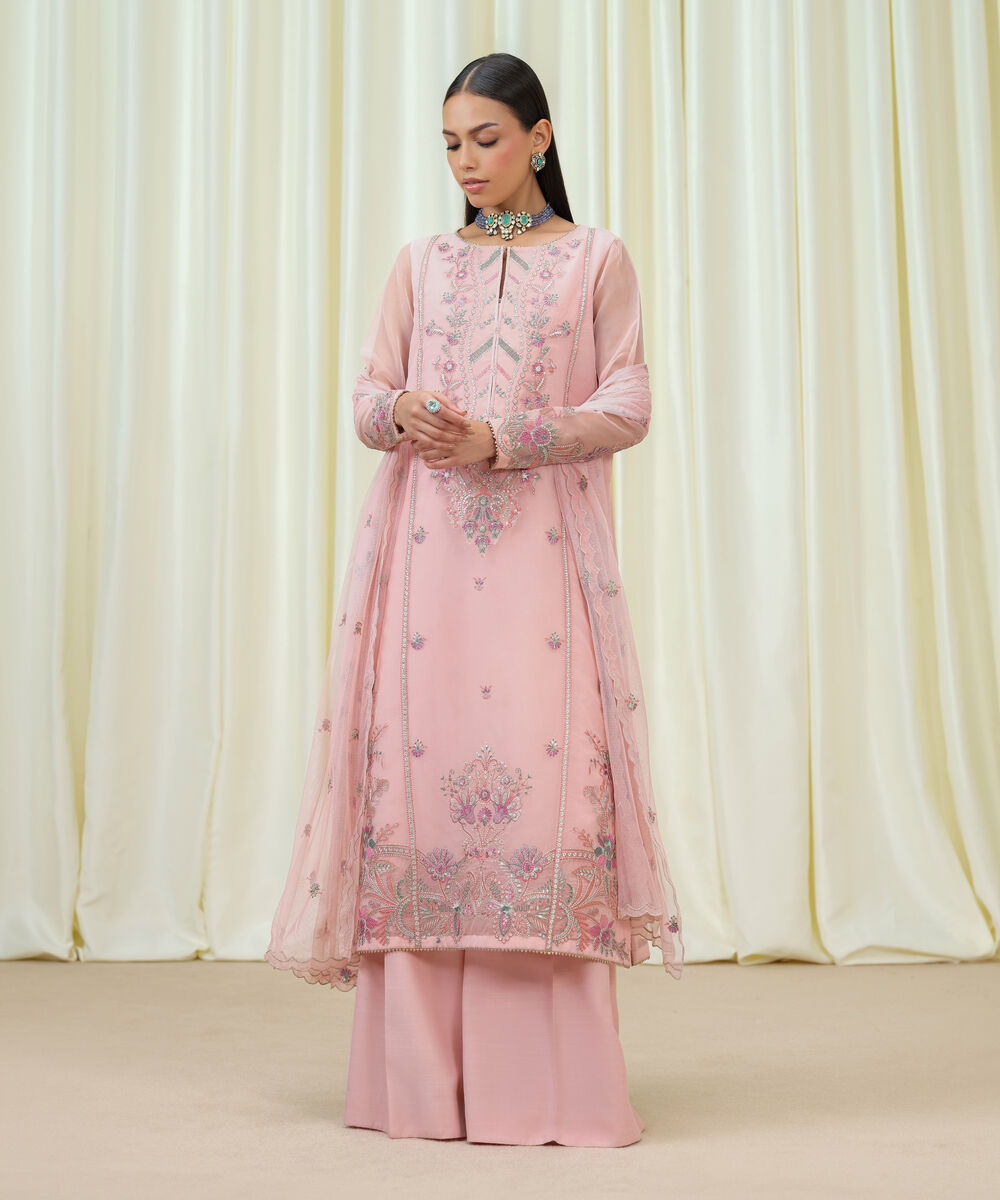 Women's Unstitched Blended Organza Embroidered COREL PEACH 3 Piece Suit