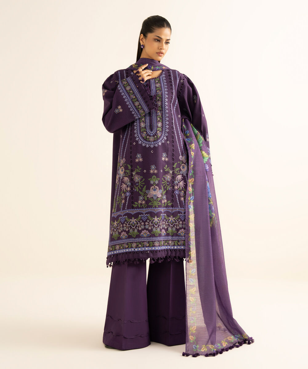 Women's Unstitched Dobby Embroidered Purple 3 Piece Suit