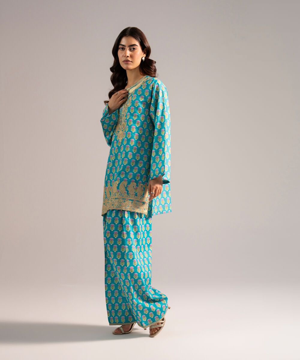 Women's RTW Zari Lawn Embroidered Turquoise Straight Shirt