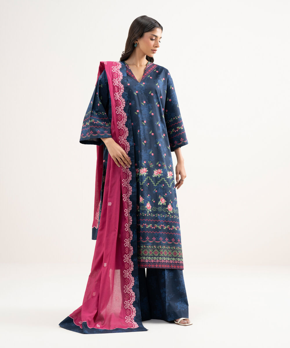 Women's Unstitched Lawn Embroidered Blue 3 Piece Suit