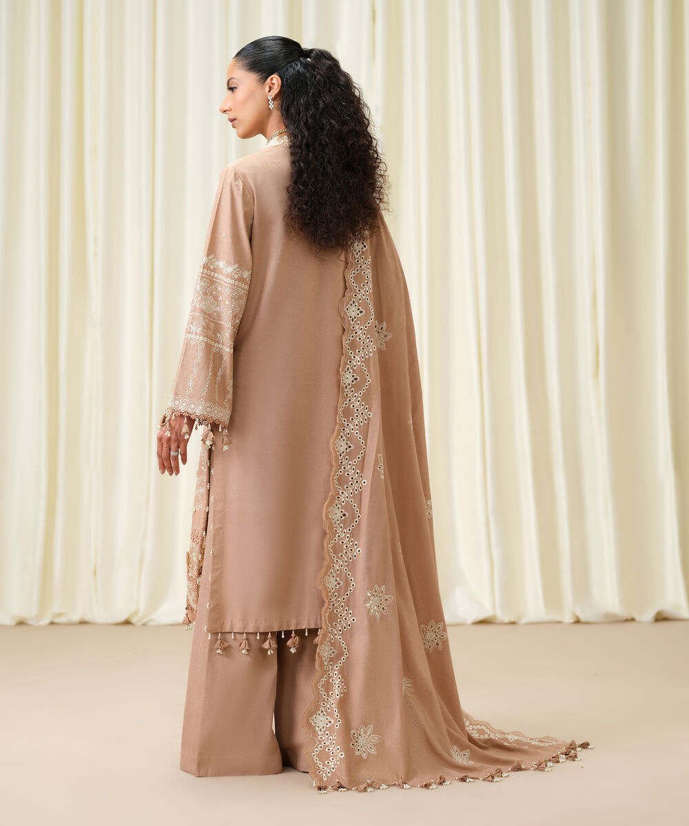 Women's Unstitched Embroidered Linen coral Pink 3 Piece Suit