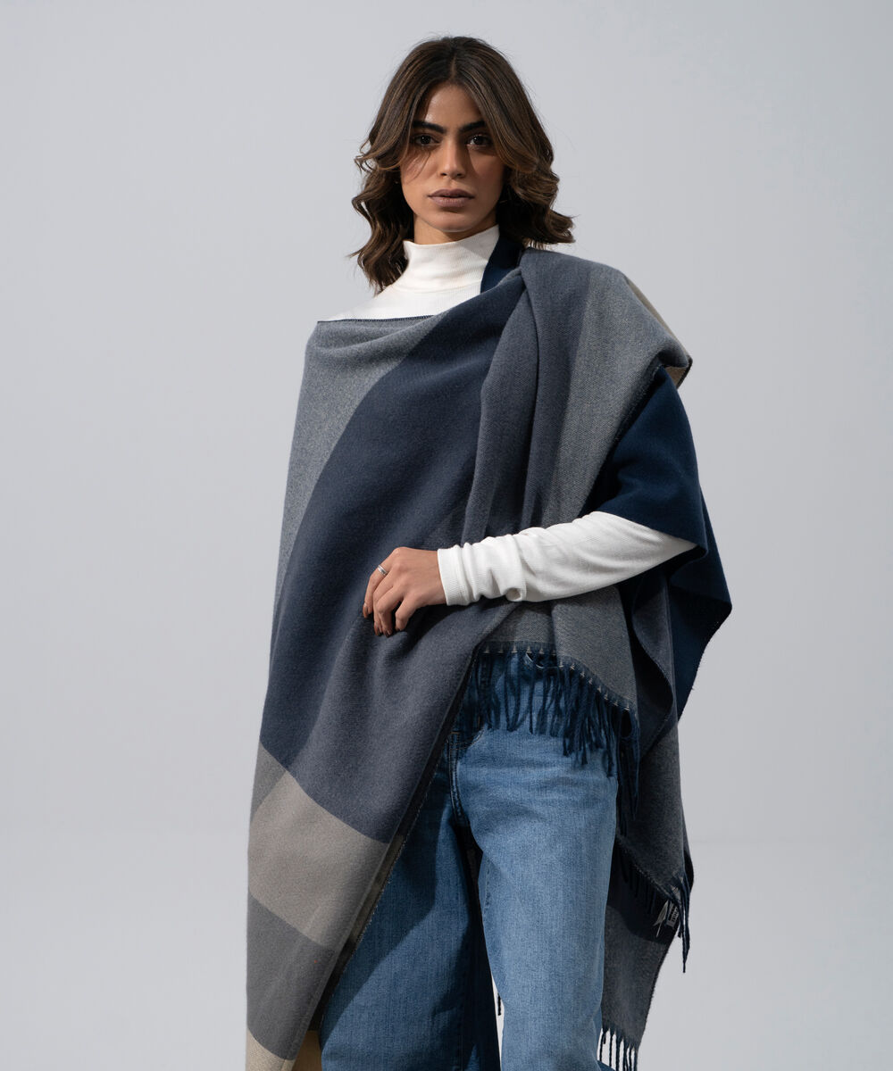 Women's Western Wear Grey Polyester Striped Cape Shawl