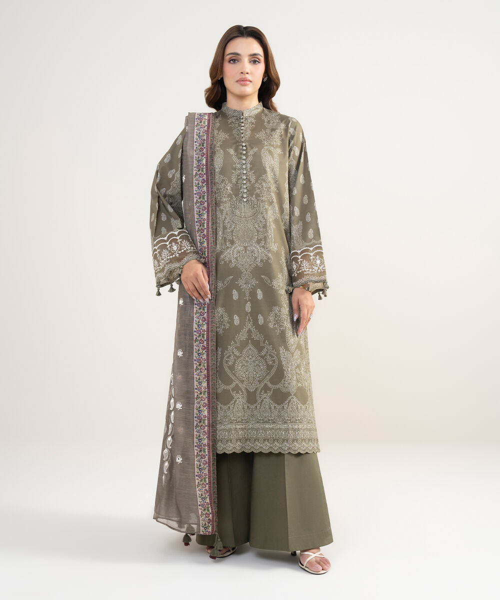 Women's Unstitched Lawn Embroidered Green 3 Piece Suit