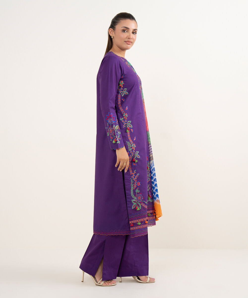 Women's Unstitched Textured Lawn Embroidered Purple 3 Piece Suit