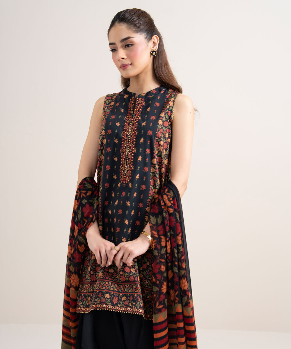 Women's Unstitched Lawn Embroidered Black 3 Piece Suit