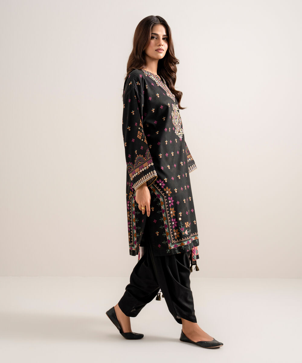 Women's Unstitched Embroidered Linen Black 3 Piece Suit