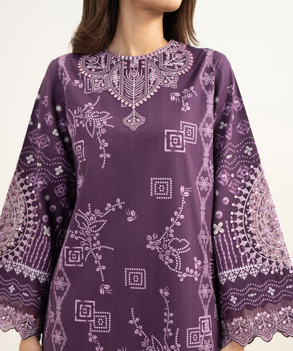 Women's Unstitched Lawn Embroidered Purple 3 Piece Suit