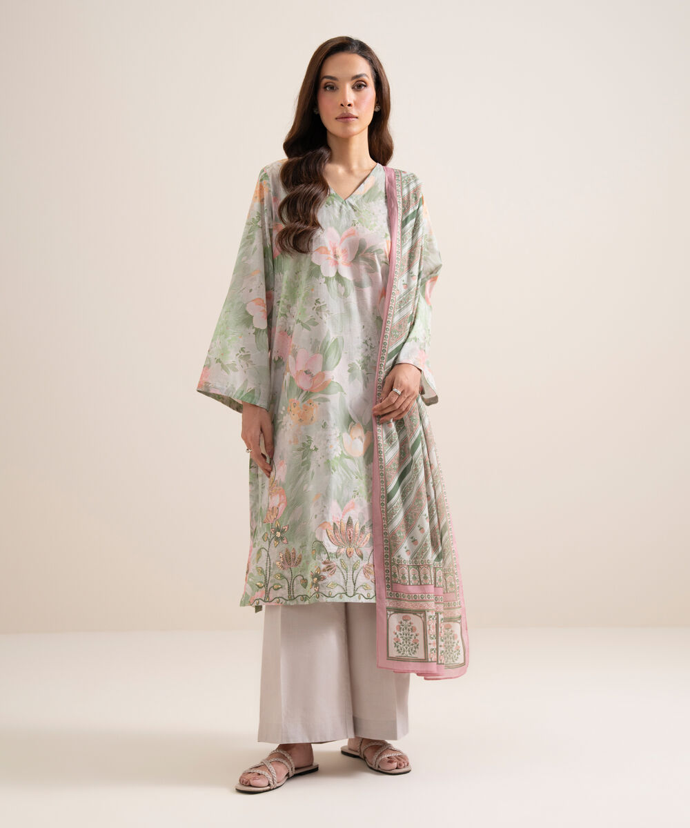 Women's Unstitched Lawn Embroidered Ice Blue With Multi 3 Piece Suit