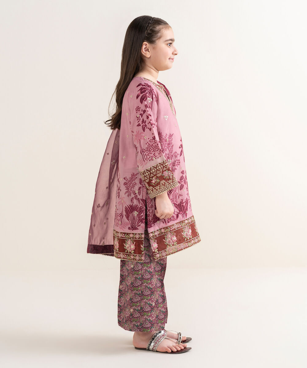 Girl's Viscose Raw Silk Embroidered Pink Three Piece Suit