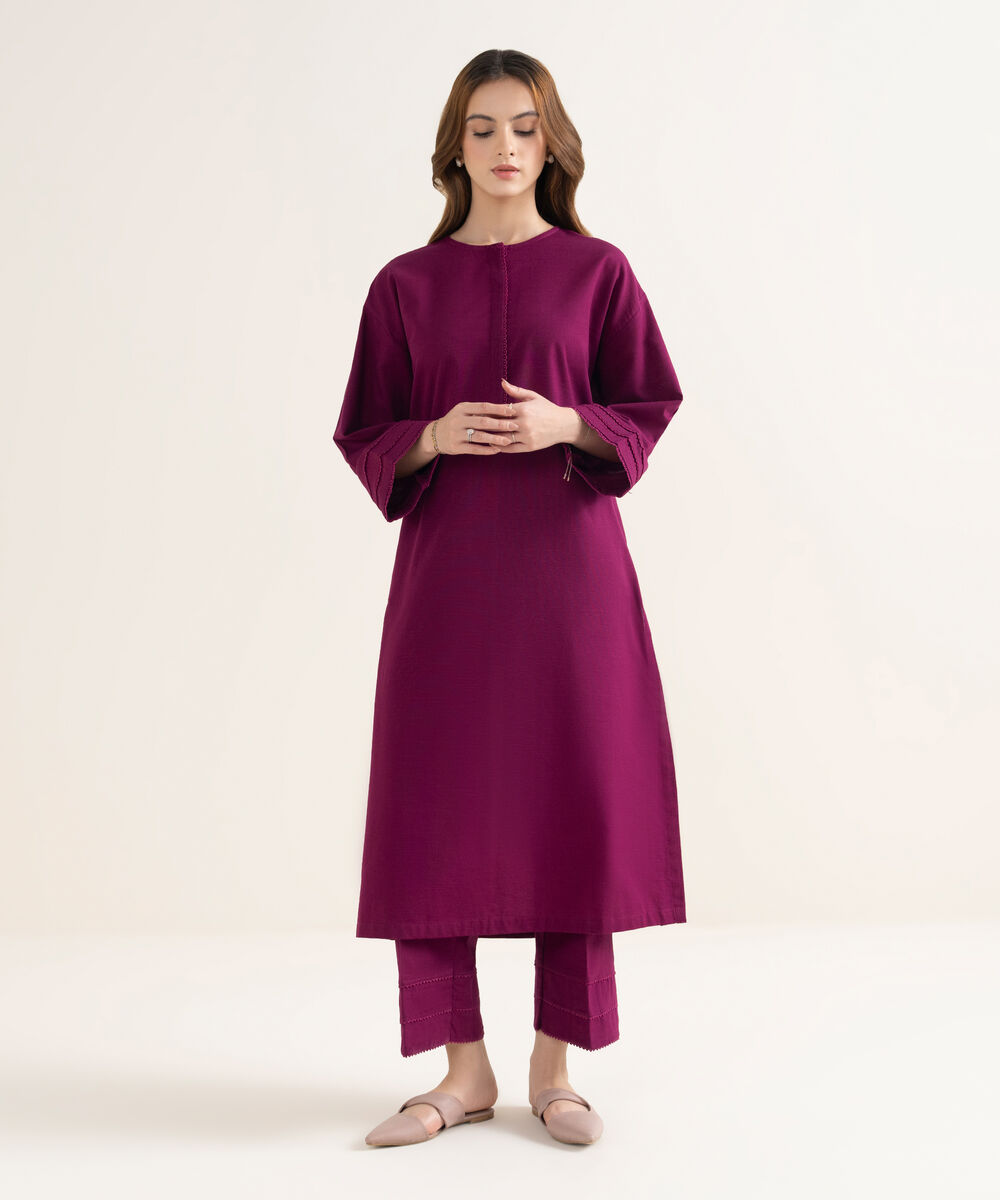 Women's RTW Light Khaddar Solid Drop Shoulder Purple Shirt