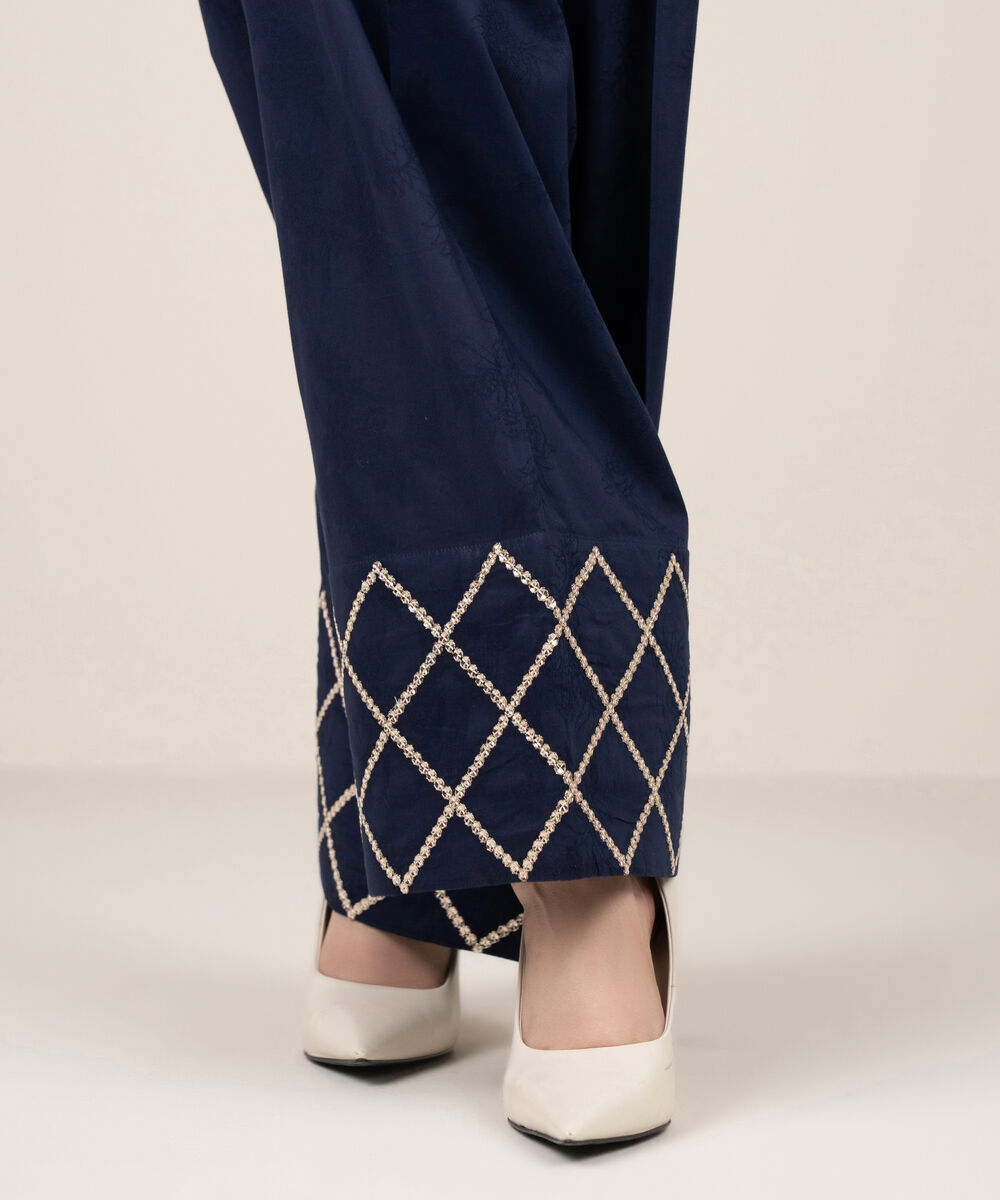 Women's RTW Self Jacquard Embroidered Blue Shalwar