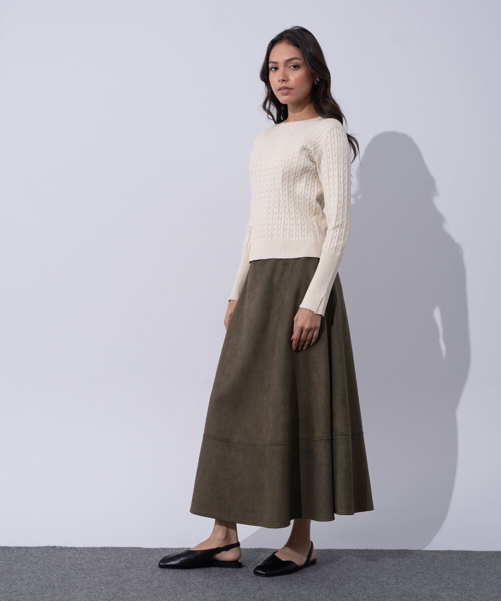 Women's Western Wear Ecru Textured Cable-Knit Jumper