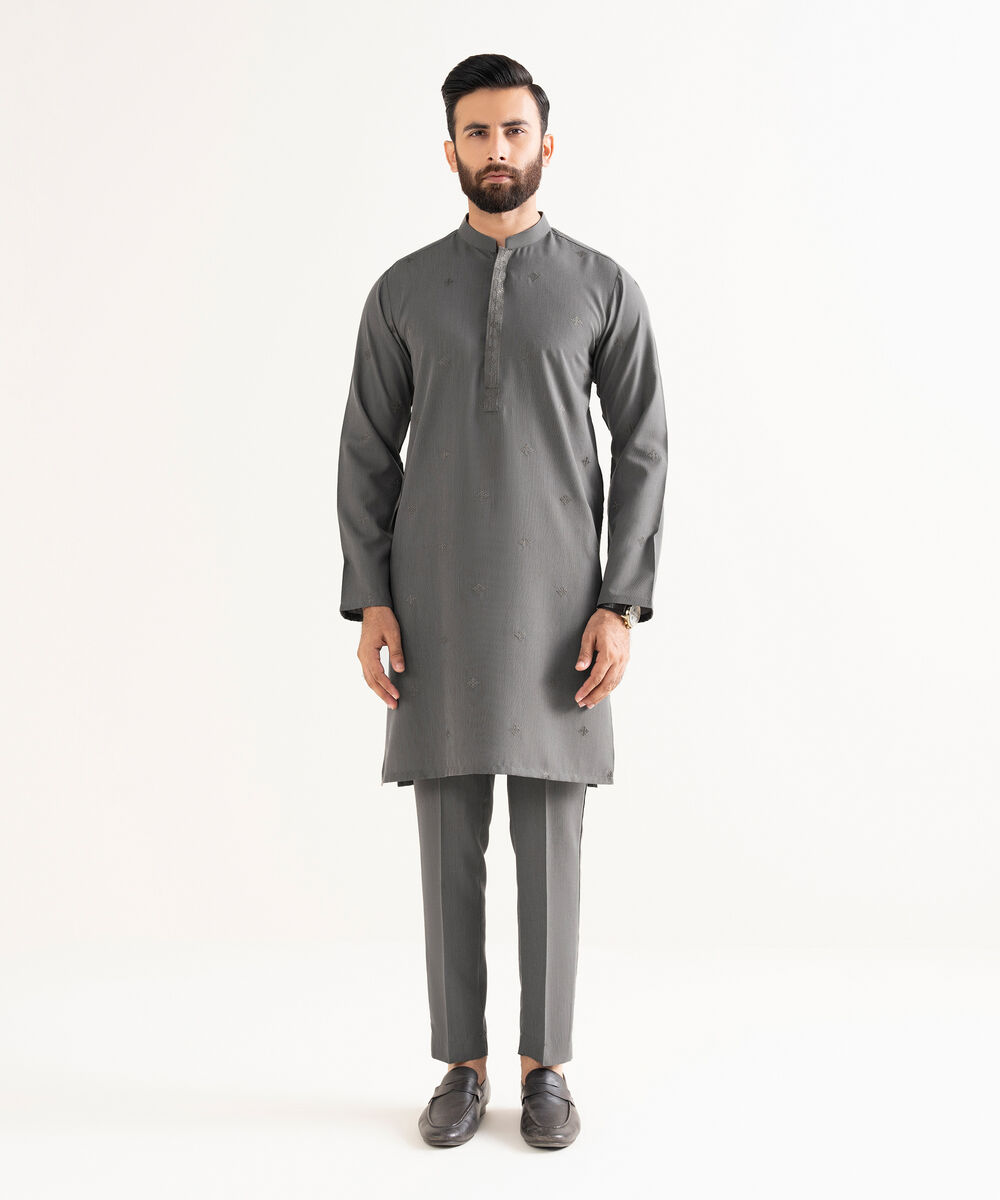 Men's Premium Wash And Wear Embroidered Charcoal Kurta Trouser