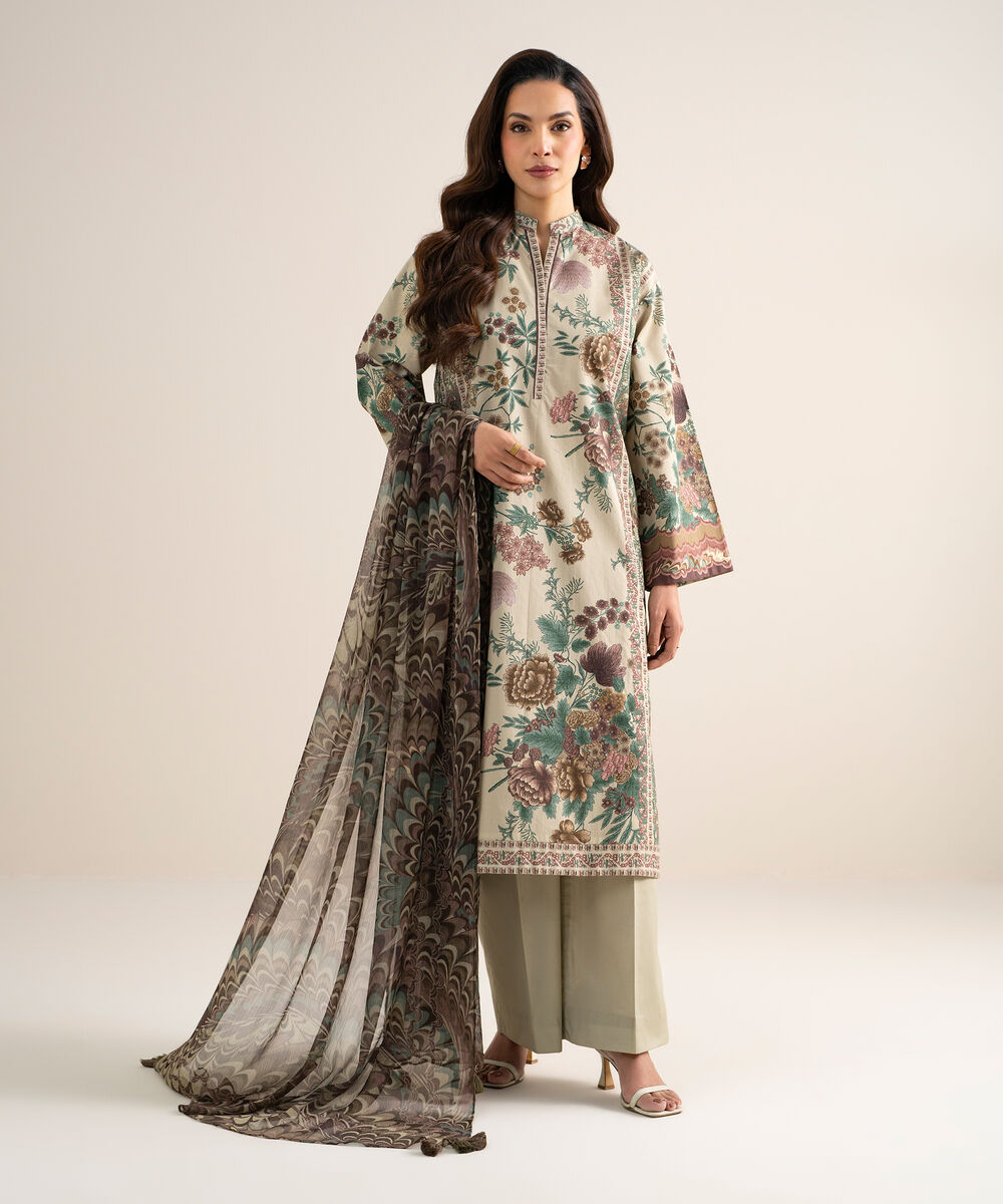 Women's Unstitched Cotton Printed Light Beige  3 Piece Suit