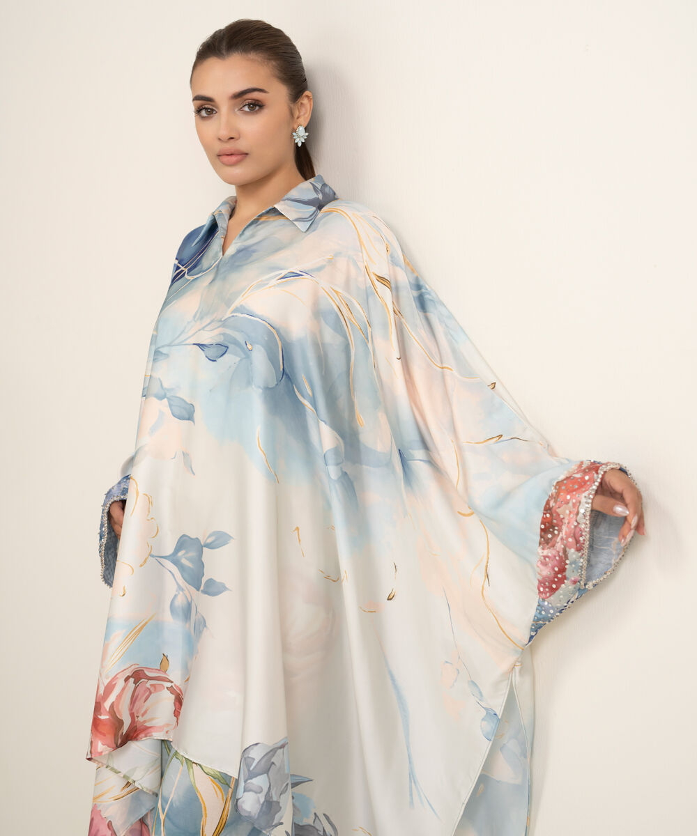 Women's RTW Blended Satin Printed Multi 2 Piece Suit