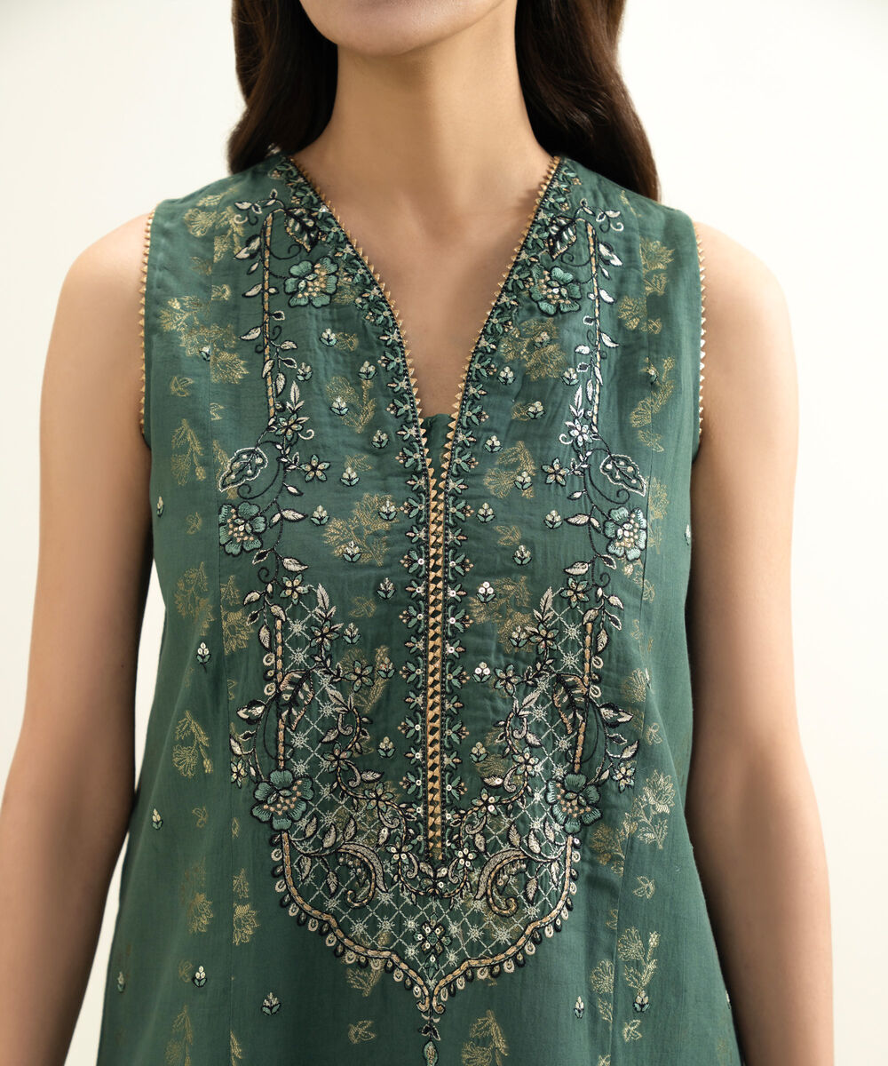 Women's Unstitched Extra Weft Jacquard Embroidered Green 3 Piece Suit