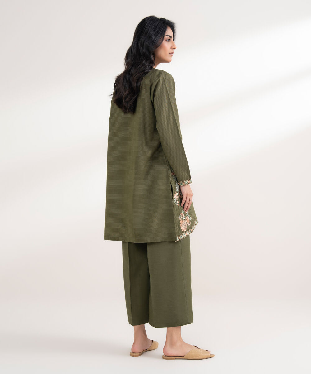 Women's RTW Light Khaddar Embroidered Green Straight Shirt