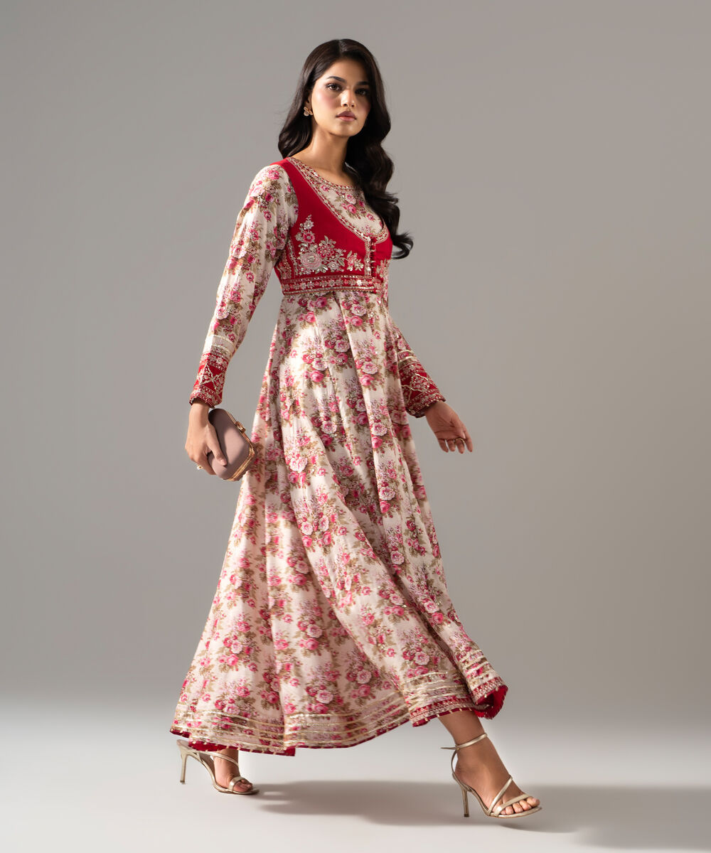 Women's RTW Bright Raw Silk Printed Off White Dress