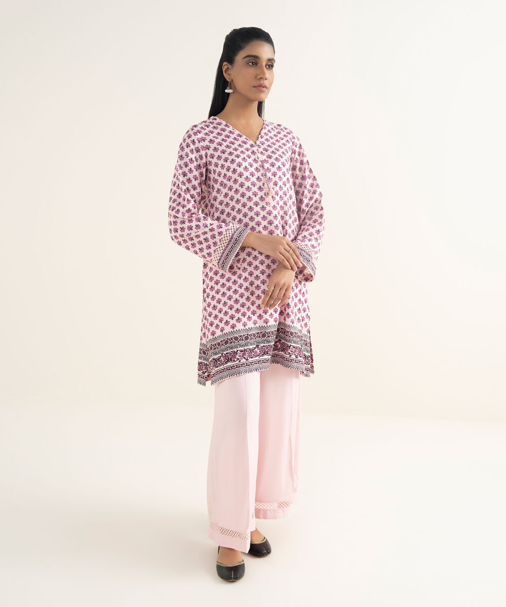 Women's RTW Linen Viscose Printed Pink A-Line Shirt