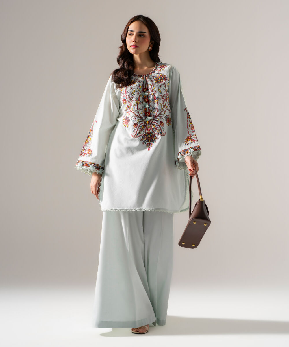Women's RTW Dobby Solid Embroidered Blue Straight Shirt