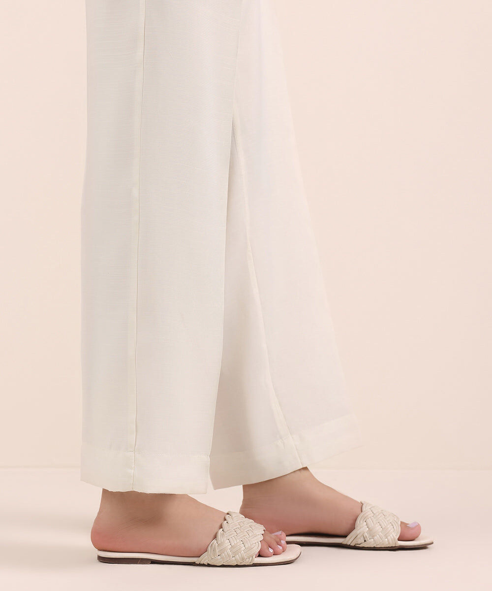 Woman - Off White Raw Silk Straight Pants