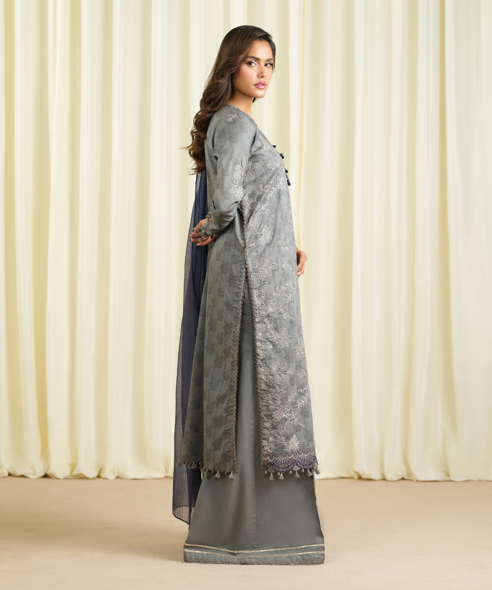 Women's Unstitched Cotton Jacquard Embroidered Grey 3 Piece Suit