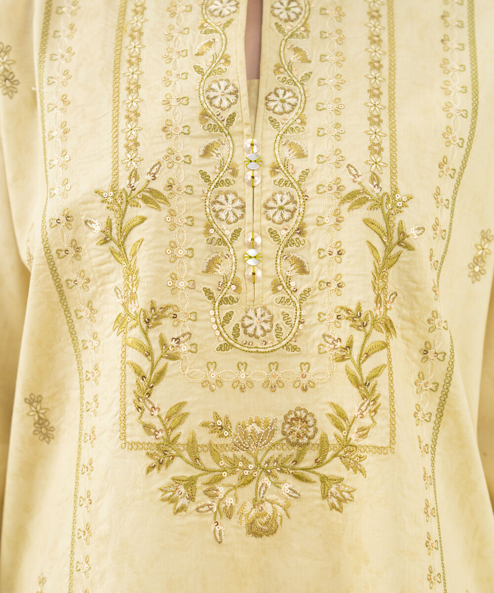 Women's Unstitched Embroidered Cotton Jacquard Lime Yellow 3 Piece Suit