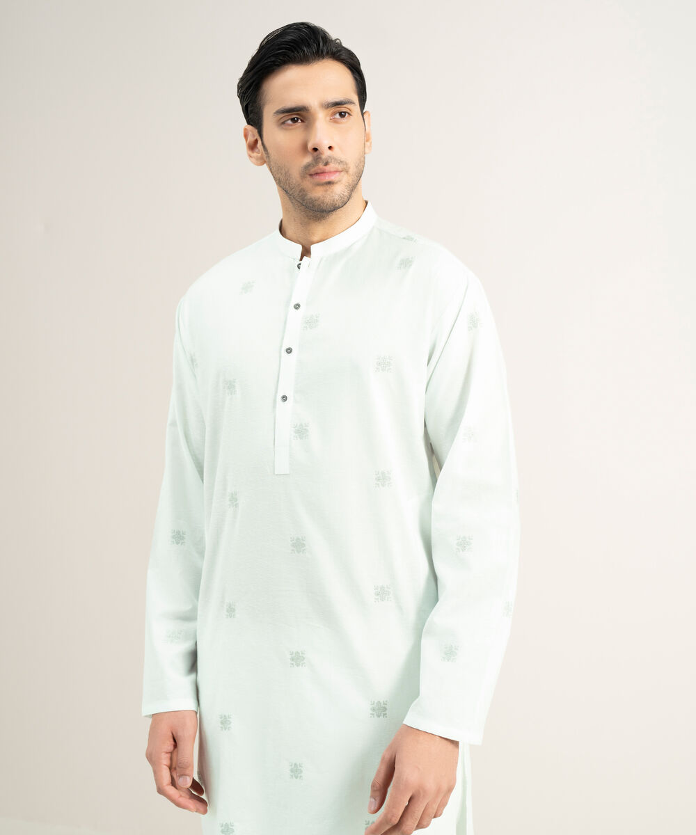 Men's Stitched Cotton Jacquard Mint Kurta