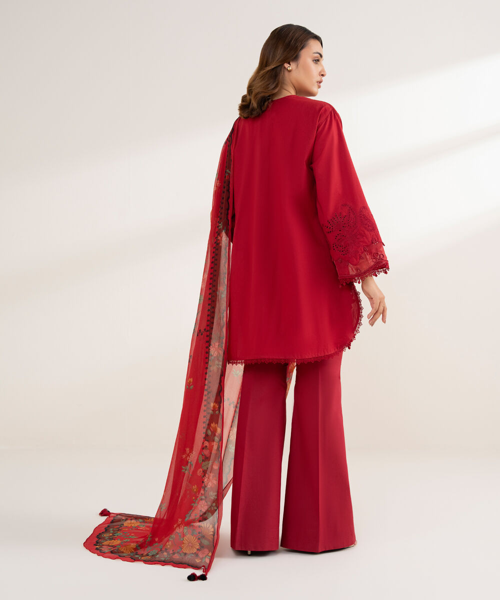 Women's Unstitched Cotton Embroidered Red 3 Piece Suit