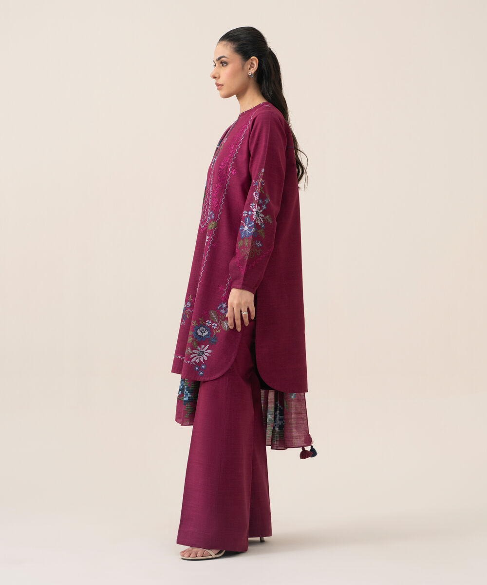 Women's Unstitched Lawn Embroidered Magenta 3 Piece Suit
