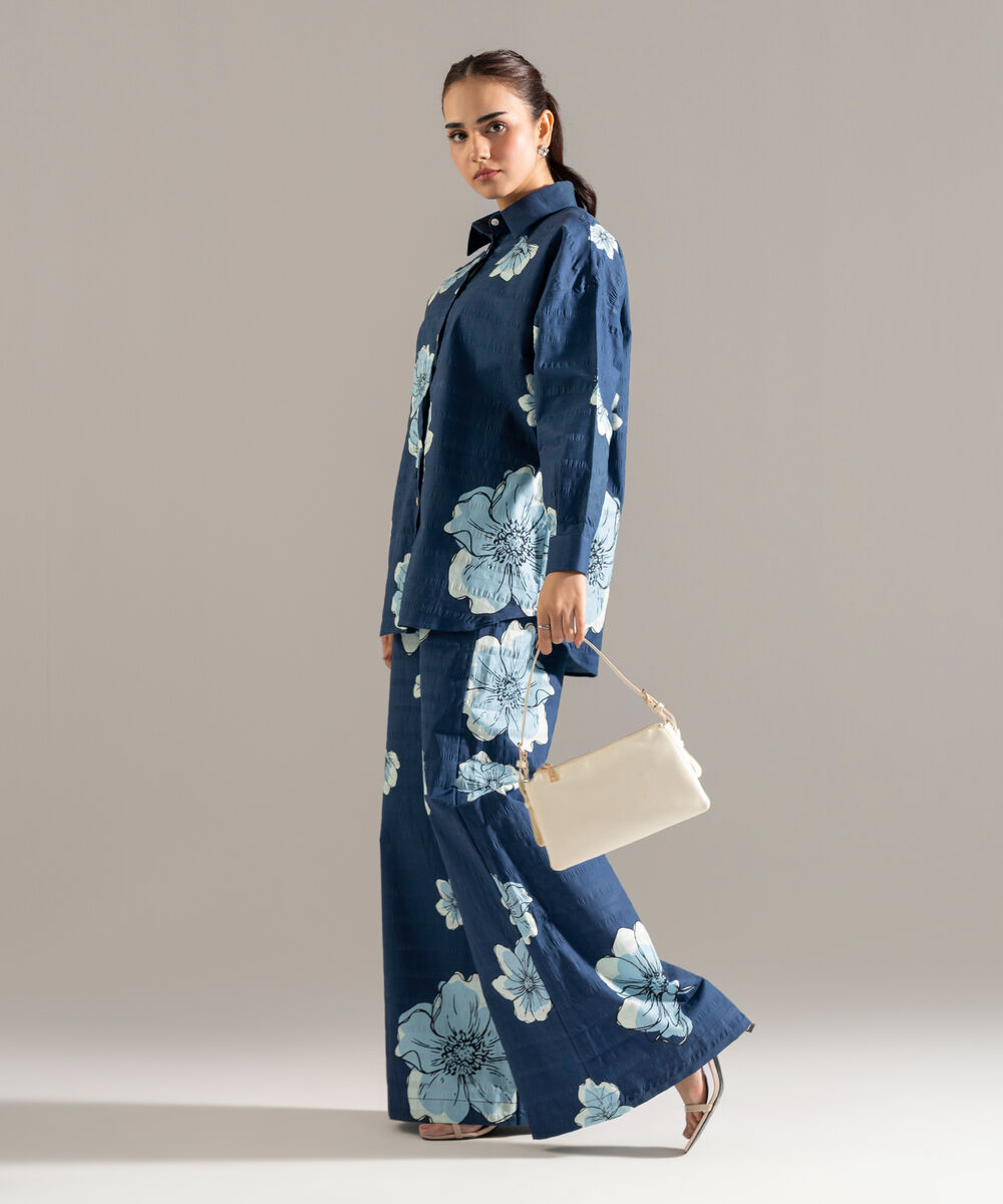 Women's RTW Seersucker Printed Blue 2 Piece Suit
