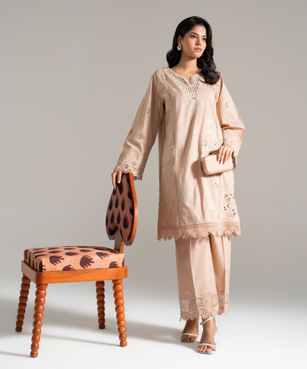 Women's RTW Lawn Embroidered Beige 2 Piece Suit