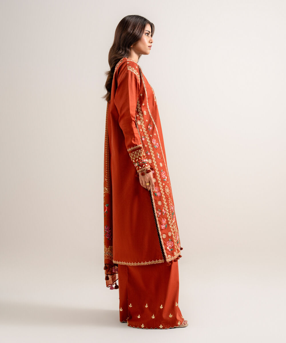Women's Unstitched Embroidered Cotton Viscose Maroon 3 Piece Suit