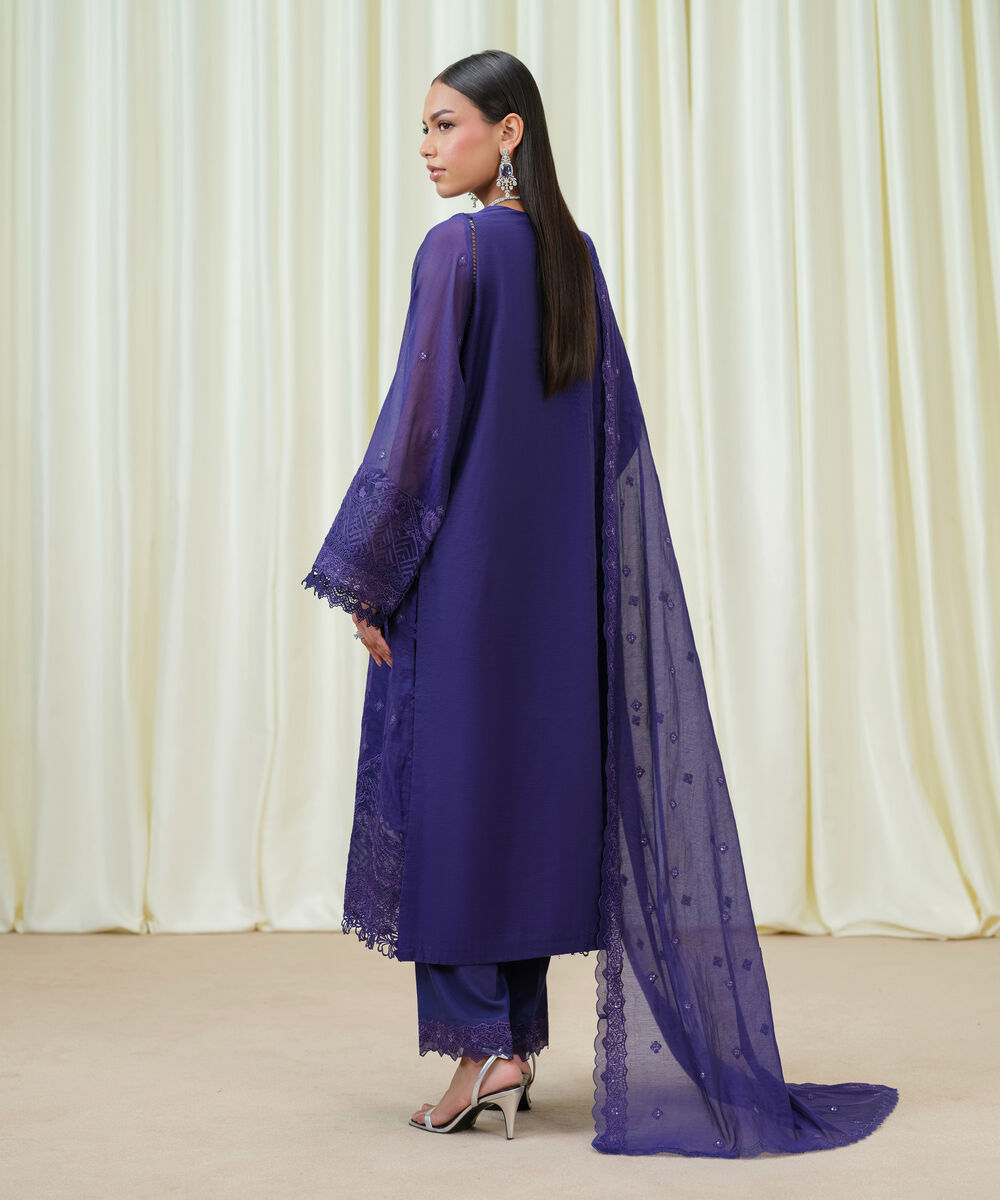 Women's Unstitched Blended Muslin Embroidered Purple 3 Piece Suit